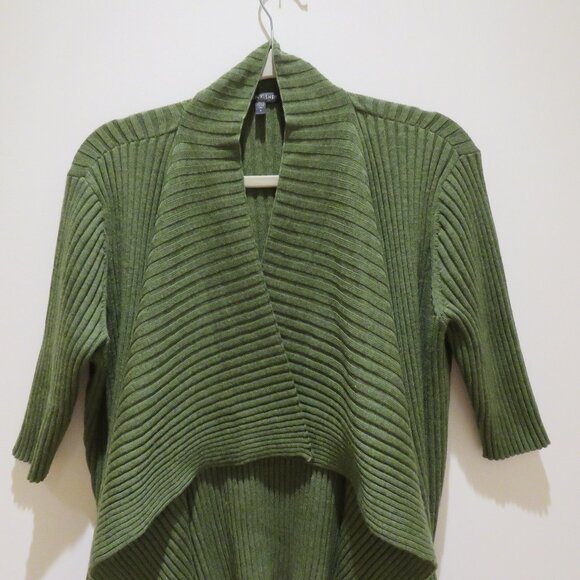 EILEEN FISHER 100% Merino Wool Ribbed Knit Open Front Cardigan in Forest Green - Picture 3 of 14